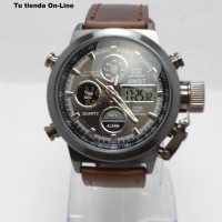 Reloj Análogo Digital Caja Metálica Pulsera Cuero